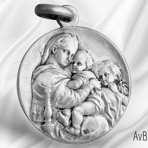 Medal pendant Virgin Mary with chair Jesus Madonna &quot;della seggiola della sedia&quot; Sterling Silver - Mary, Jesus - Art Nouveau Style - Gift