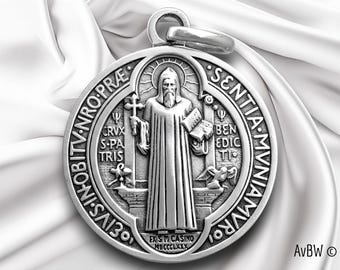 Large Saint Benedict Medal pendant - Sterling Silver - 30x25mm, Protection and Faith, Handcrafted Religious Jewelry, Over 8,3 grams !