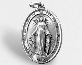 Very Large Miraculous Sterling Silver Medal Religious pendant Jewelry Divine Protection Christian Faith O Mary  For Us