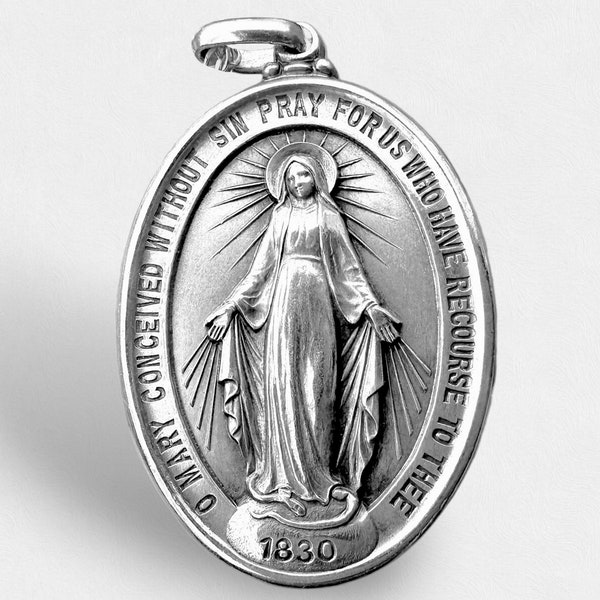 Very Large Miraculous Sterling Silver Medal Religious pendant Jewelry Divine Protection Christian Faith O Mary  For Us