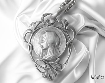Religiöse Medaille der Jungfrau Maria, antiker französischer Stil, durchbrochenes Herz, Marienanhänger, Sterling Silber, Geschenk - christlicher Schmuck
