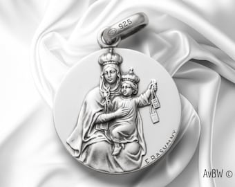 Mount Carmel Scapular Pendant - 925 Sterling Silver - Sacred Jewel of Mary and Jesus Christian Medal Gift Scapular Necklace Spiritual Art