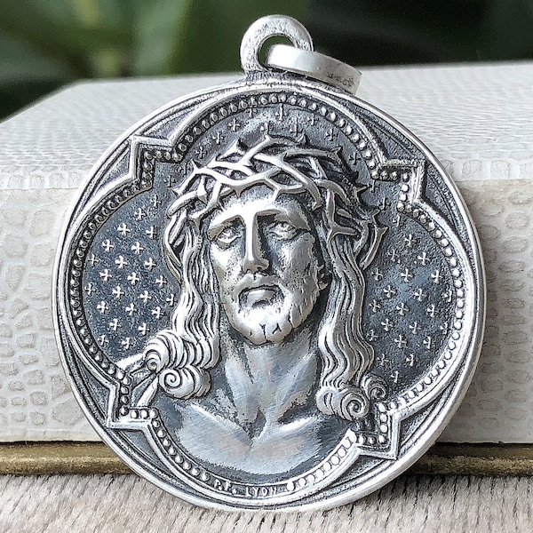 Très Grand Pendentif de jésus  37X31 millimètres en argent massif - Tête Couronnée d'Épines, médaille du Christ - Marie Immaculée Conception