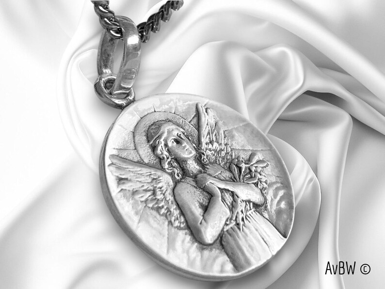 Guardian Angel Pendant 925 Sterling Silver - Praying Angel Medal - Bells - Religious Jewelry - Baptism Gift - Protection Spirit necklace image 2
