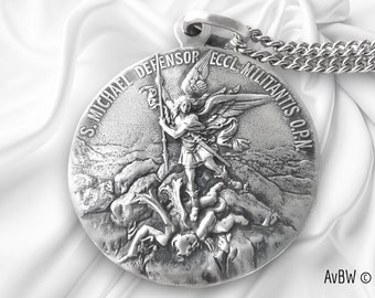 Très grand pendentif de l'Archange Saint Michel - médaille en Argent Massif,  Inspiré par l'Art Nouveau - Cadeau de protection contre le Mal