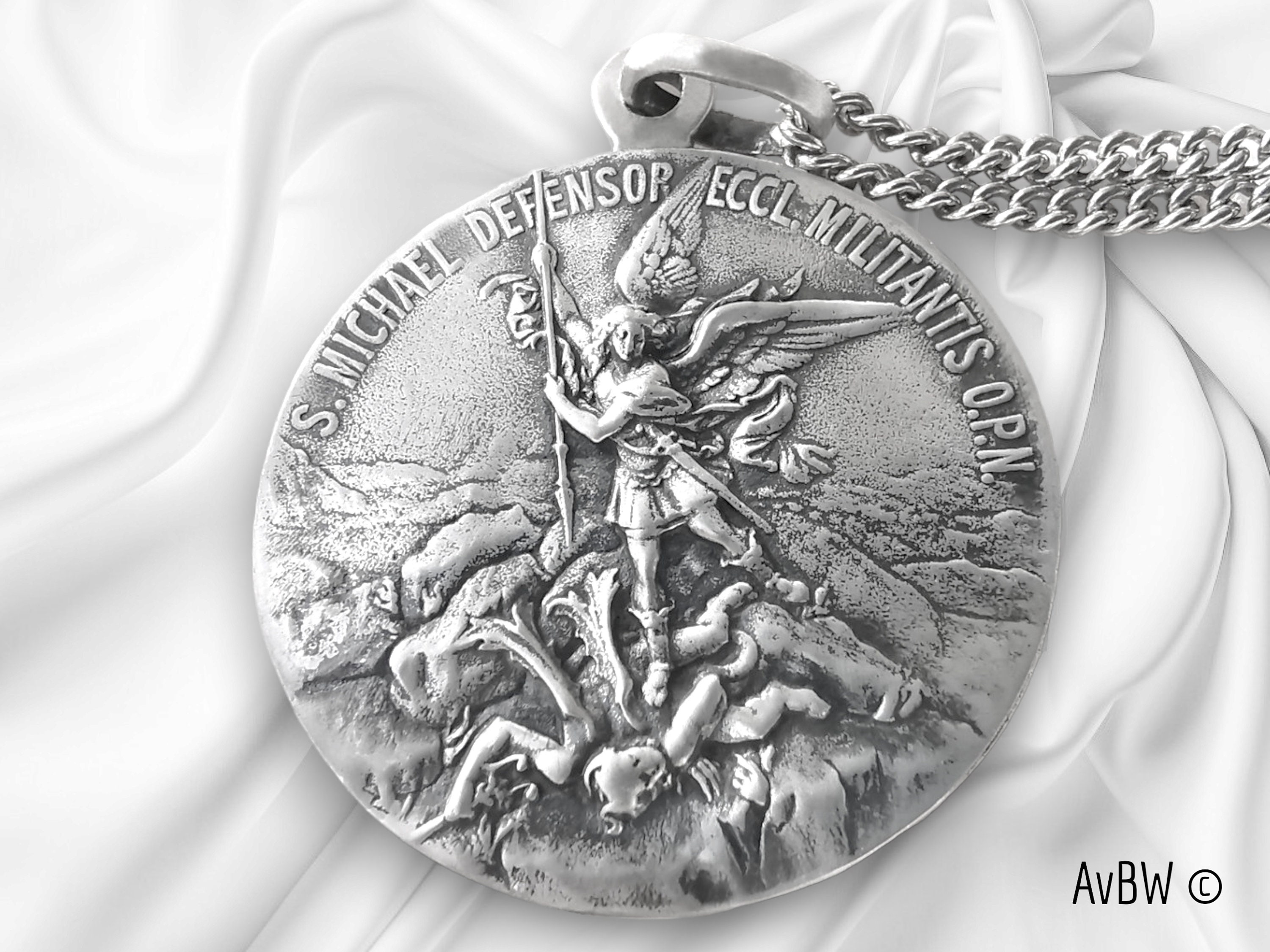 Very Large Archangel Saint Michael Pendant - Sterling Silver