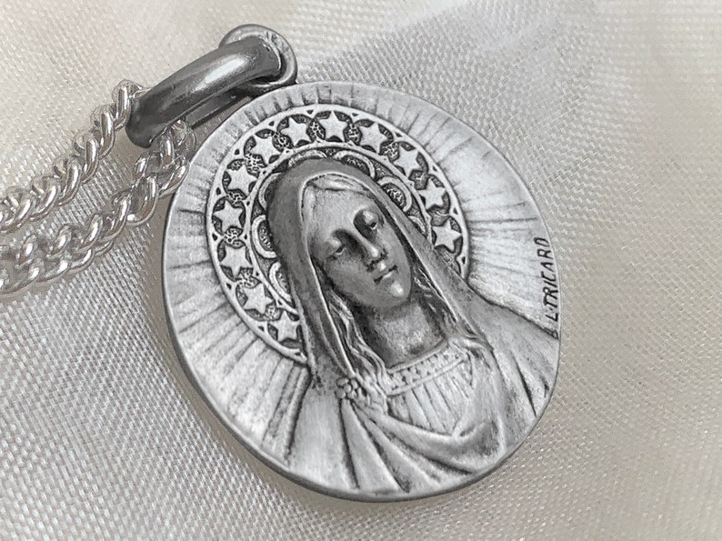 Virgin Mary Medal Stars Religious , Antique French Style New product, 925 Sterling Silver, French Professional jeweler image 2