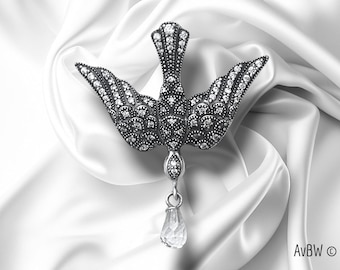 Christian Holy Spirit Dove Brooch in 925 Sterling Silver with Rock Crystal Drop and Set Cubic Zirconia