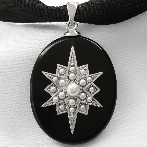 Pendentif Artisanal en Onyx naturel Noir Étoile à 12 Branches Ertsgamma en Argent Massif, Pierres de Couleur Nacre, anneau en émail - Bijou