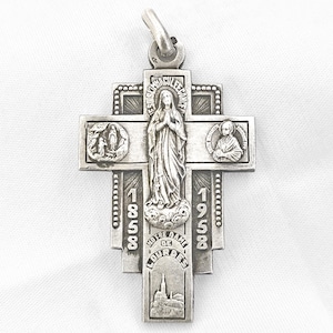 Croix Antique de Lourdes du centenaire Apparitions, Argent Massif / Antique French Cross of Lourdes, Centenary, Sterling Silver, 1858-1958