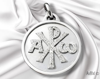 Chi Rho Pendant Necklace, Sterling Silver Christian Christogram Medal, Cubic Zirconia Religious Jewelry