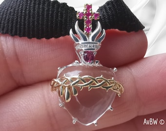 Sacred heart of Jesus pendant, pure rock crystal, genuine rubies, tourmaline - 925 sterling silver - moissanites, religious jewelry necklace