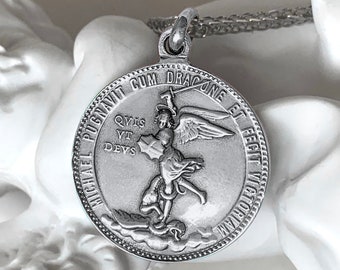 Saint Michael Medal, Solid Sterling Silver Pendant, 30x25 millimeters, French Antique Style, Christian Religious Jewelry for Protection