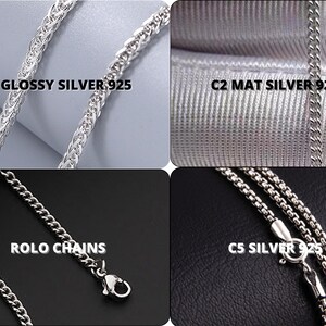 May include: Four close-up images of silver chains. The first image shows a silver chain with a glossy finish labelled "C1 GLOSSY SILVER 925". The second image shows a silver chain with a matte finish labelled "C2 MAT SILVER 925". The third image shows a silver chain labelled "ROLO CHAINS". The fourth image shows a silver chain labelled "C5 SILVER 925".