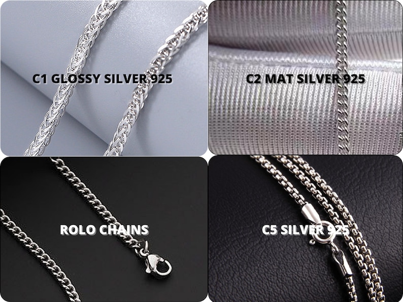May include: Four close-up images of silver chains. The first image shows a silver chain with a glossy finish labelled "C1 GLOSSY SILVER 925". The second image shows a silver chain with a matte finish labelled "C2 MAT SILVER 925". The third image shows a silver chain labelled "ROLO CHAINS". The fourth image shows a silver chain labelled "C5 SILVER 925".