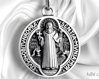 Pendant - Very Large Saint Benedict Medal, Sterling Silver, 35×30 mm, Antique style, Protective Religious Jewelry Gift necklace + 15 gr !