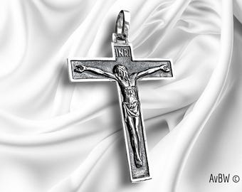 Religiöses Kreuz INRI Jesus Christus, Massives Silber 925, Kruzifix im antiken französischen Stil, Geschenk, Kommunionschmuck, Taufe, Konfirmation