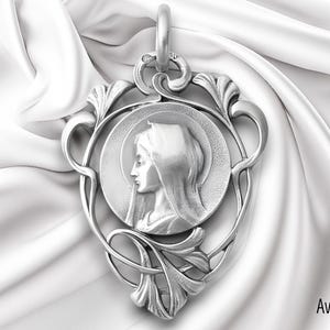 Religious medal of the Virgin Mary, Antique French style, heart, Mary pendant, 925 Sterling Silver, gift Christian jewelry, necklace