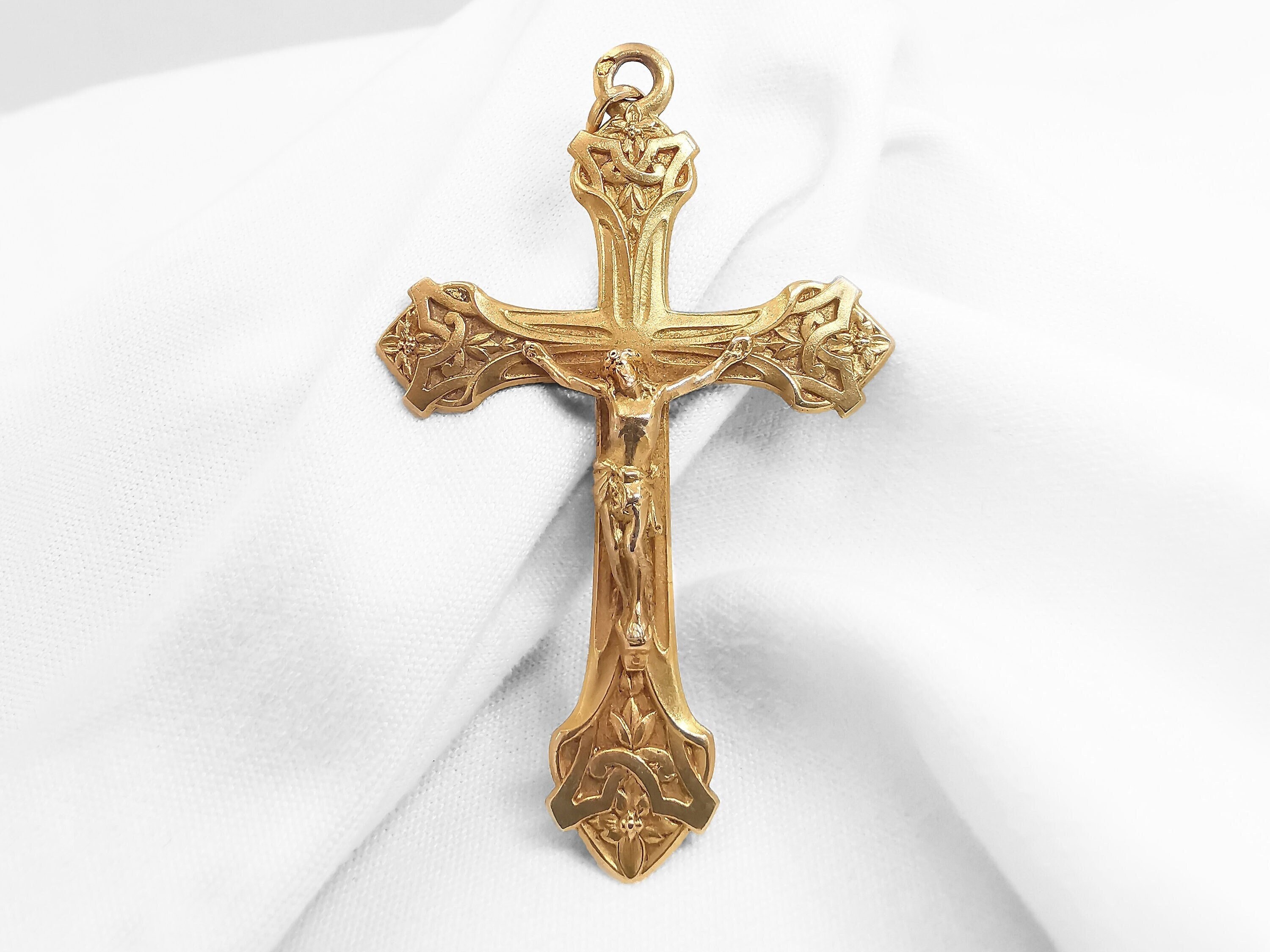 Croix Antique Française en Or Massif de Jésus 18 Carats, French Gold Cross Of Jesus K