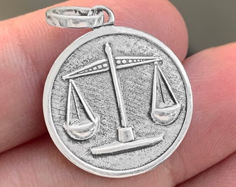 Sterling Silver Libra Zodiac Medal - Antique Style Scales Pendant - Handmade Astrology Jewelry - Solid 925 Silver Horoscope Charm