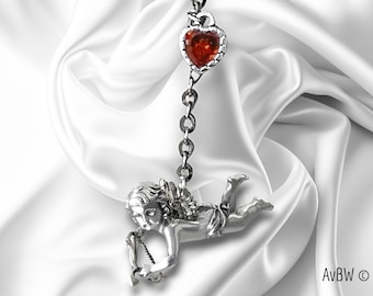 Earrings - Cupid Angel - Sterling Silver - Art Nouveau design, with a red stone or crystal - Love gift - Romantic jewelry