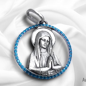 Lourdes-medaille, hanger van de Maagd Maria, verschijningen - massief zilveren sieraden, blauwe kristal, christelijk geschenk, bescherming van Maria