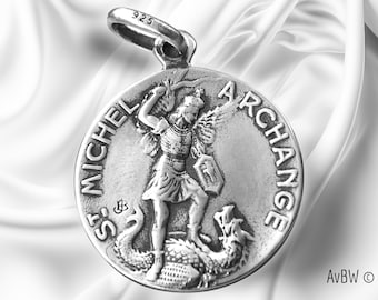 Pendentif Médaille de Saint Michel et de Jeanne d'Arc en Argent Massif - Protection Divine - Style Antique Art Nouveau Français - Cadeau