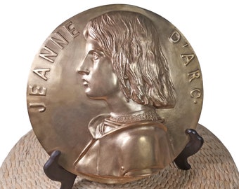 Plaque commémorative Antique de Jeanne d Arc en Bronze signée H CHAPU / Beautiful Antique Bronze Plaque Medal of Joan of Arc, 24.5 cm