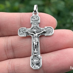 Ciondolo - Croce di Gesù di Lourdes - Argento Sterling - Crocifisso, Simbolo di fede cristiana - Gioielli religiosi, Regalo - Stile Art Nouveau francese