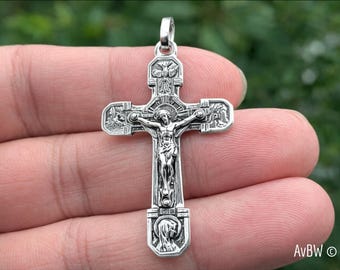 Sterling Silver Lourdes Jesus Cross Pendant - Sacred Symbol Christian Faith - Religious Jewellery, Gift -crucifix French Art Nouveau style