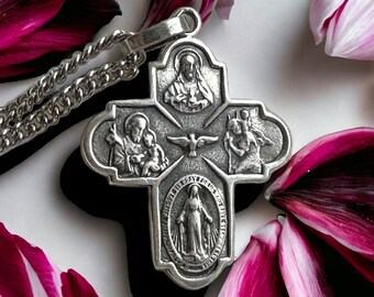 Sterling Silver Cross 4 Way Pendant - French Art Nouveau Style - Sacred Jewellery - Religious Gifts - Symbol of Catholic Faith - Devotion