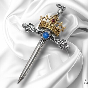Very large sword - Man pendant, 925 silver - Natural ruby, cyanite, Golden crown - Christian gift jewel - cross - King royal lily necklace