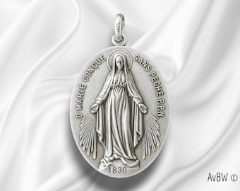 Medalla Milagrosa, Plata de Ley 925 – Virgen María 1830 – Colgante Católico Antiguo de Estilo Francés – Joyería Religiosa Cristiana
