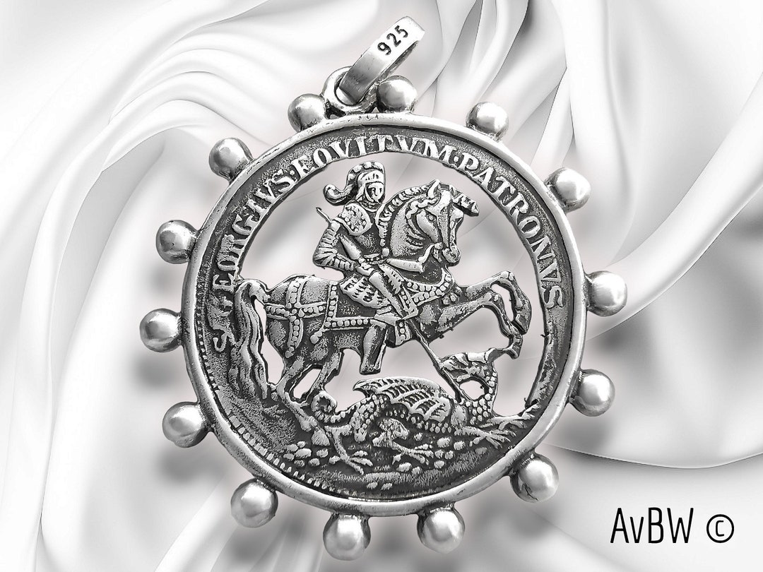 Saint George Medal Pendant – Solid Sterling Silver Necklace – Christian ...