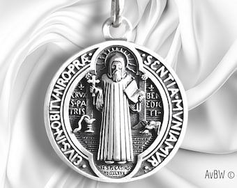 Très Grande Médaille pendentif de Saint Benoit en Argent Massif, 35x30 millimètres, Protection, cadeau Bijou Religieux , + de 15 grammes