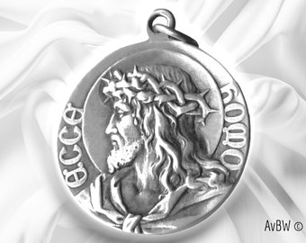 Jesus and Mary Medal, ECCE HOMO Pendant, Sterling Silver in French Art Nouveau Style