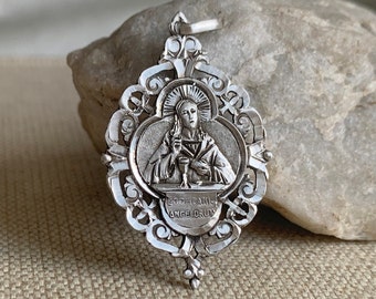 Médaille Antique artisanale Française - Jésus communion Eucharistie - sculpté main, pendentif unique - Art nouveau - Argent massif