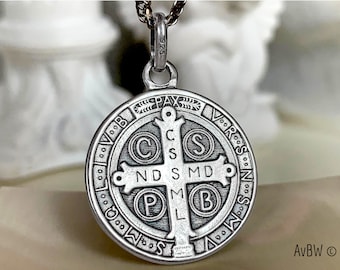 Medal of Saint Benedict standing, Antique version in dark color, 30x25 millimeters high quality pendant, Sterling Silver Exorcism + 8 grams!