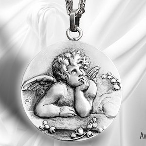 Pendant Cupid - Very Large Angel Medal - Sterling Silver 34X30 millimeters - Inspired by a Painting by Raphael - Spiritual Gift, 8.89 grams!