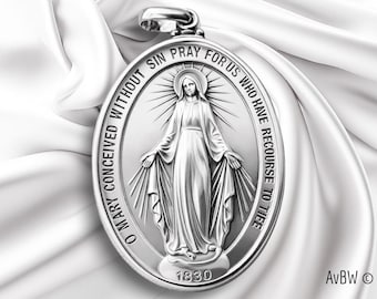 Sterling Silver Miraculous Medal – Virgin Mary Necklace 1830 – Catholic Gift – First Communion Jewelry – Our Lady Pendant – Mary Pray for us