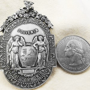 Médaille Antique 1er Communion, Catholique, Argent Massif / Antique Catholic Religious Medal, First Communion 1886, Sterling Silver