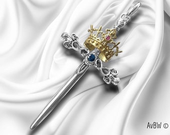 Pendentif Épée, Croix Royale en Argent Massif - Rubis et Saphir naturels , Couronne Dorée - Cadeau Chrétien- Rois de France