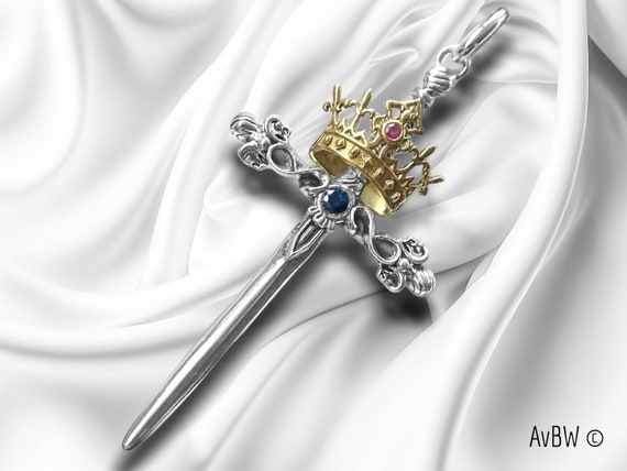 Royal Sword Cross Pendant or Brooch, Sterling Silver