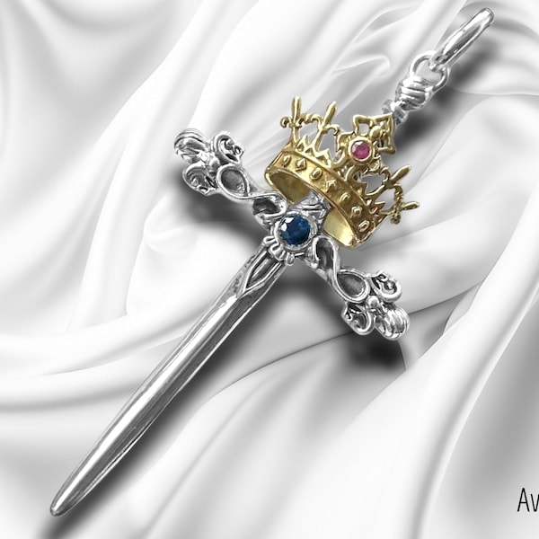 Pendentif Épée, Croix Royale en Argent Massif - Rubis et Saphir naturels , Couronne Dorée - Cadeau Chrétien- Rois de France