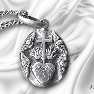 Pendentif Sacré-Cœur de Jésus en Argent massif - design Art Nouveau - Bijou de Protection de Foi, Héritage Spirituel - Cadeau de Dévotion
