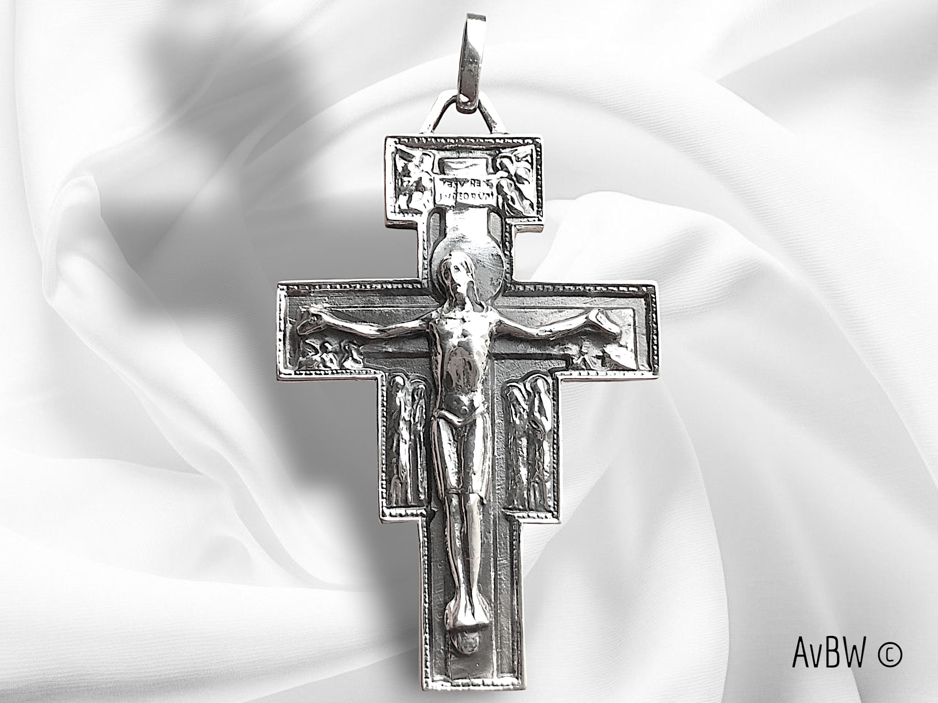 Large Saint Damien Cross Pendant, Sterling Silver – Saint Francis of Assisi's Christian Cross, Resurrected Jesus – Jewelry crucifix