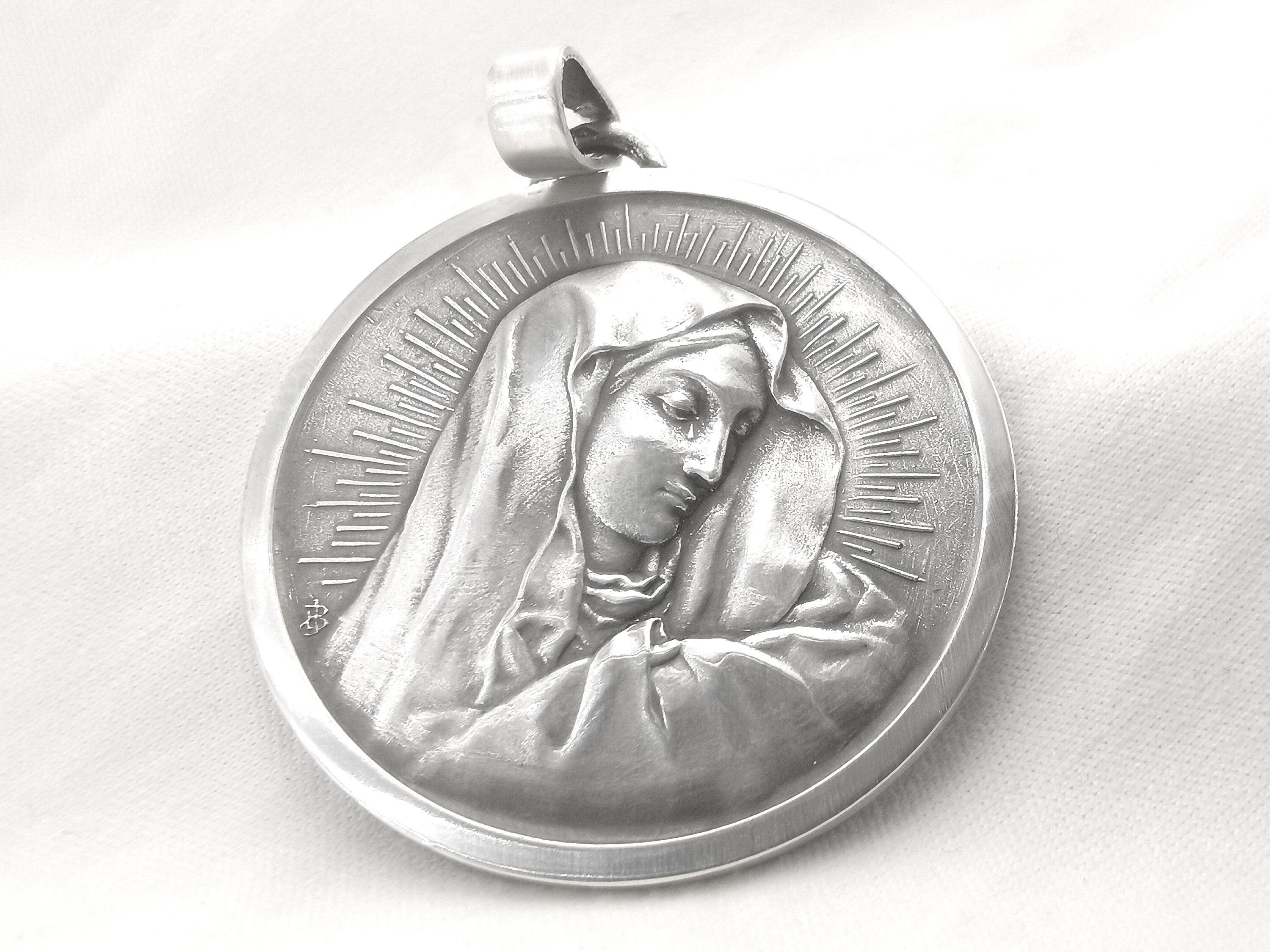 Médaille Antique de La Vierge Marie, Larmes Sang, Argent Massif, Jb/Religious French Mary Medal, Tea