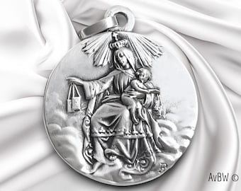 Mary Medal pendant - Scapular Our Lady of Mount Carmel - Sterling Silver - Art Nouveau Christian Jewelry style - 30 x 25 mm - Heart of Jesus