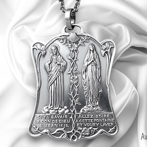 Medaglia cattolica molto grande del Sacro Cuore di Gesù e della Vergine Maria di Lourdes, argento massiccio 925 – Medaglia cristiana, arte sacra francese