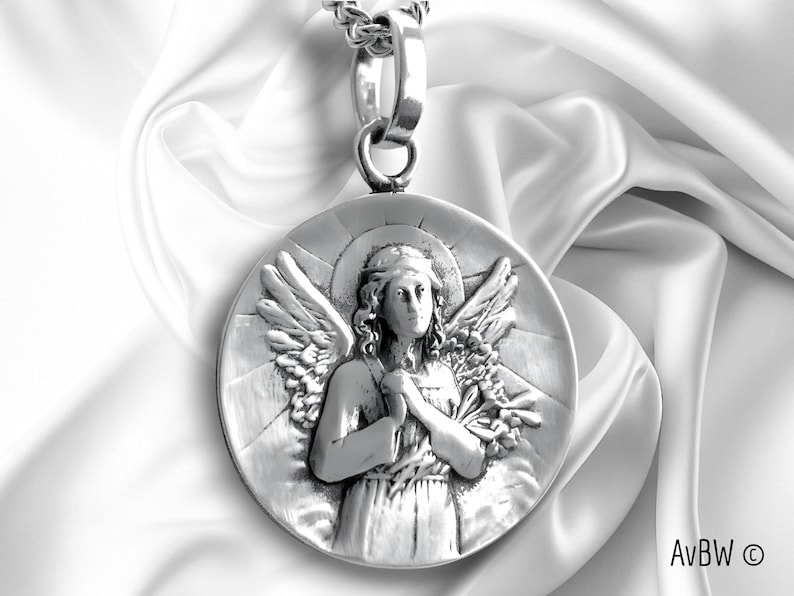 Guardian Angel Pendant 925 Sterling Silver - Praying Angel Medal - Bells - Religious Jewelry - Baptism Gift - Protection Spirit necklace image 1